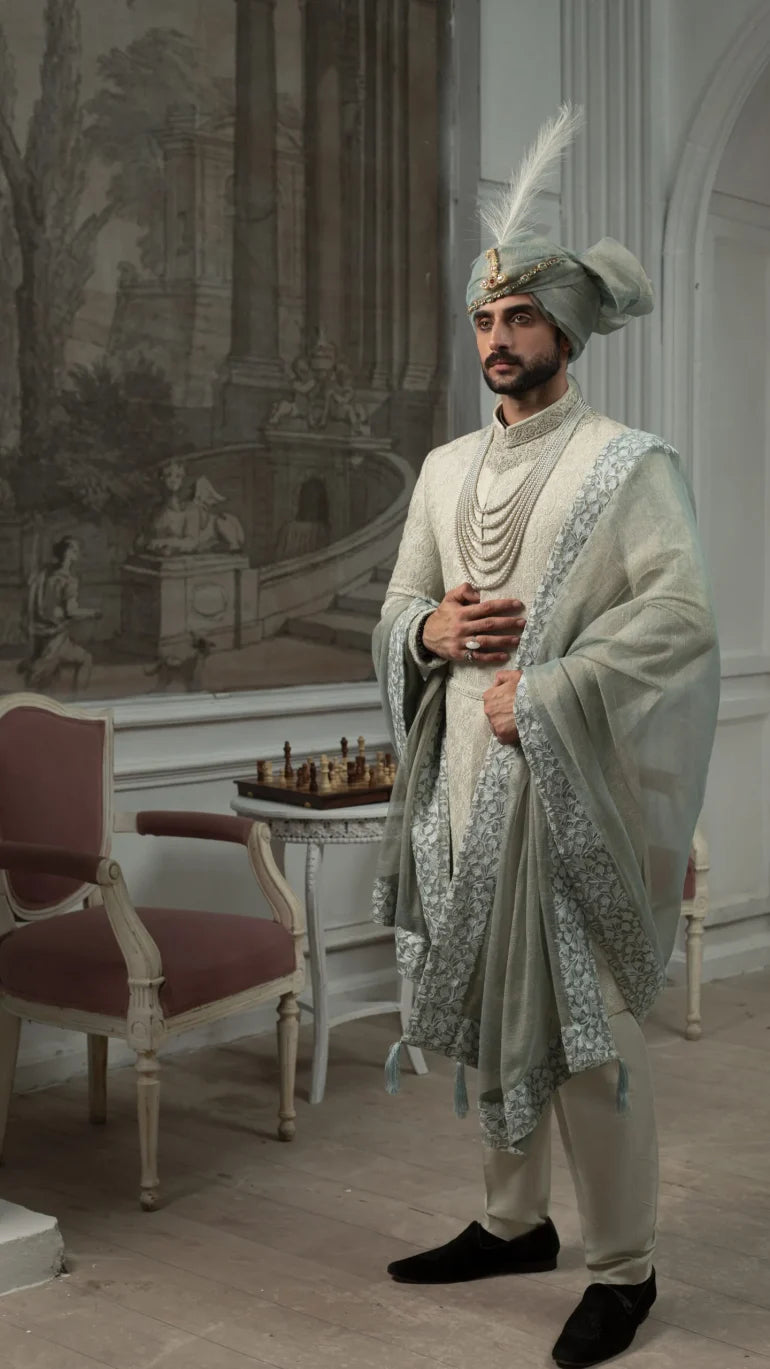 Ivory Regal Embroidered Groom Sherwani Set with Matching Turban & Luxury Shawl