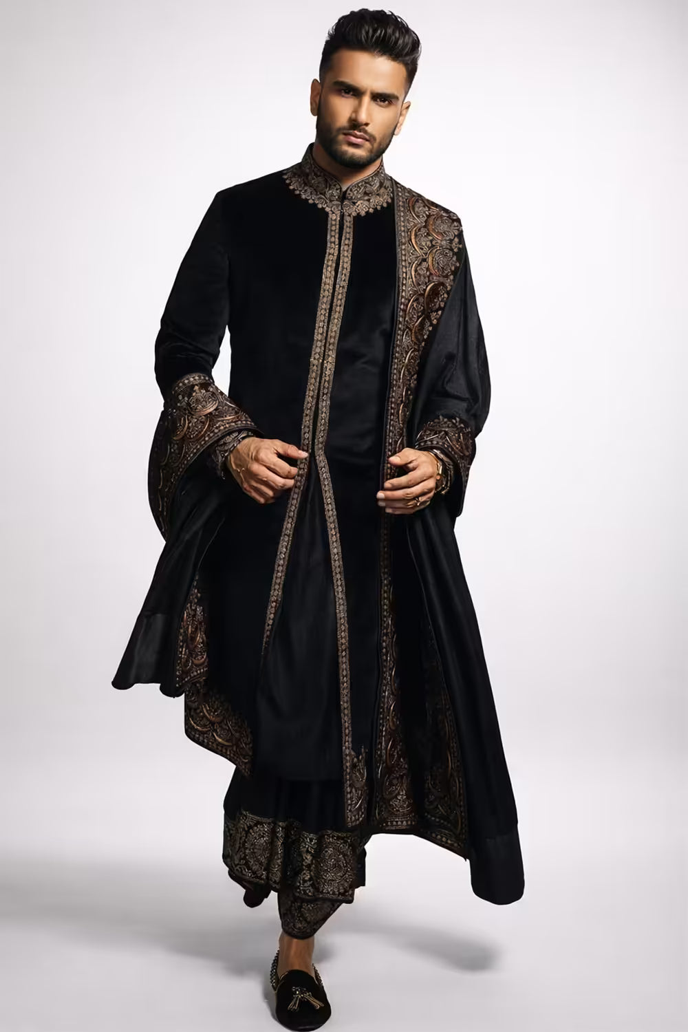 Premium Black Velvet Embroidered Men's Dhoti Style Sherwani – Luxury Wedding & Traditional Wear