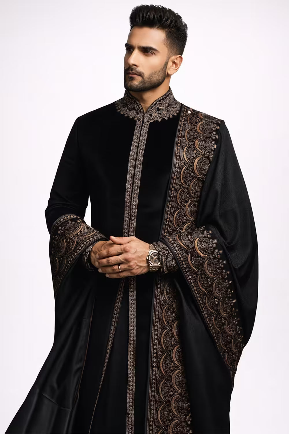 Premium Black Velvet Embroidered Men's Dhoti Style Sherwani – Luxury Wedding & Traditional Wear