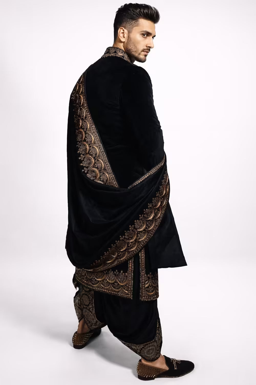Premium Black Velvet Embroidered Men's Dhoti Style Sherwani – Luxury Wedding & Traditional Wear