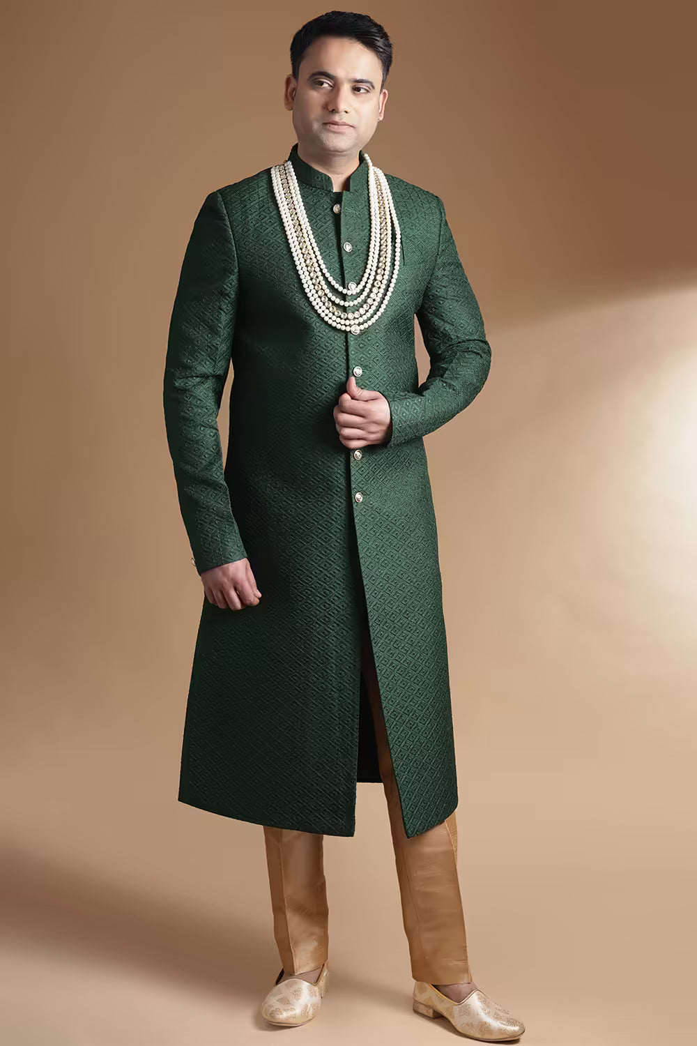Luxury Bottle Green Art Silk Men's Embroidered Sherwani