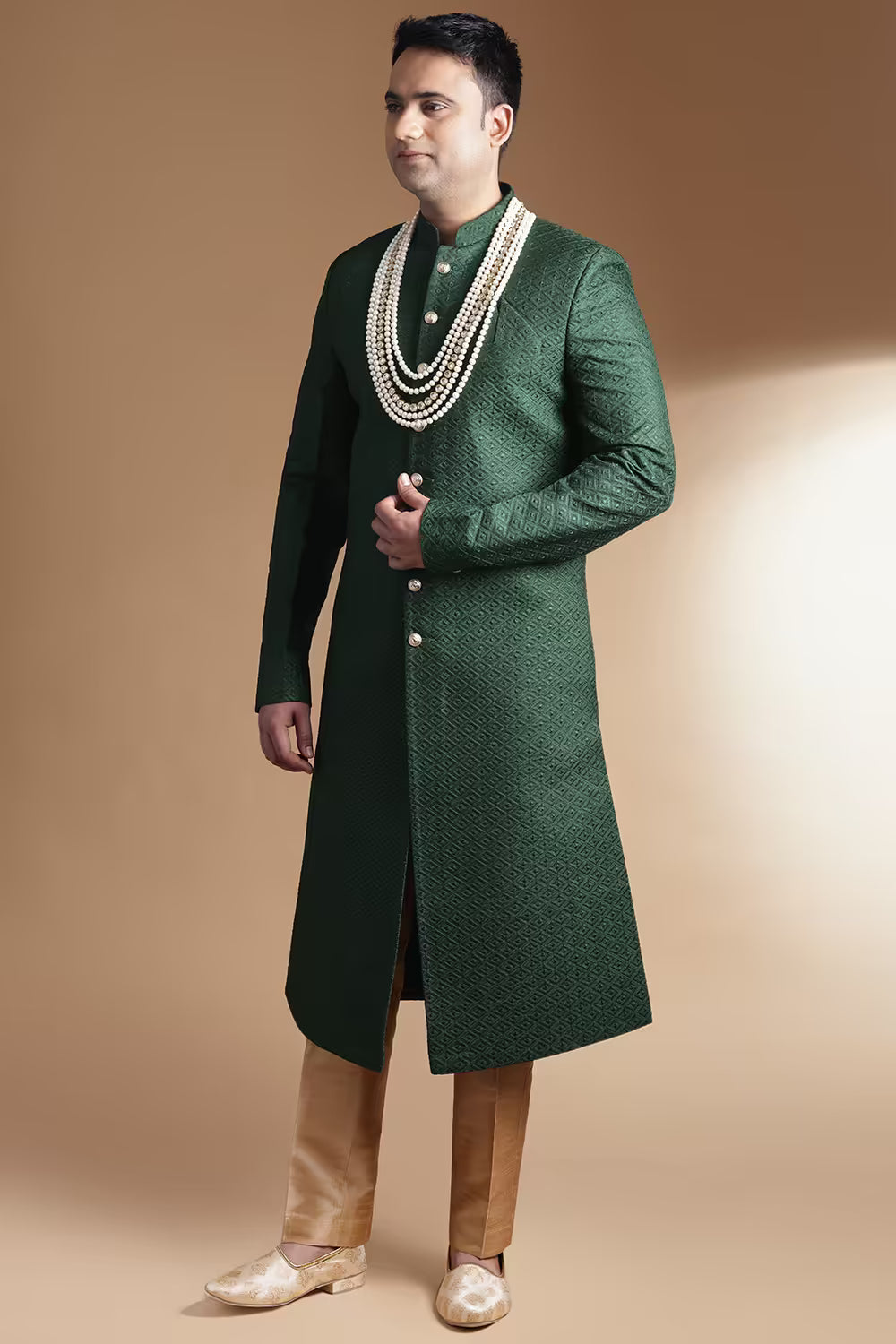 Luxury Bottle Green Art Silk Men's Embroidered Sherwani