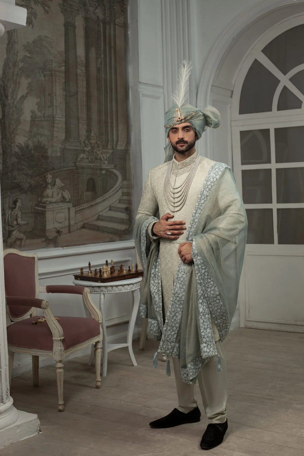 Ivory Regal Embroidered Groom Sherwani Set with Matching Turban & Luxury Shawl