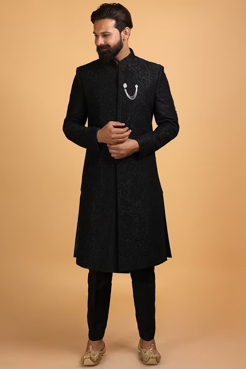 Luxury Black Art Silk Men's Sherwani with Sequin Embroidery
