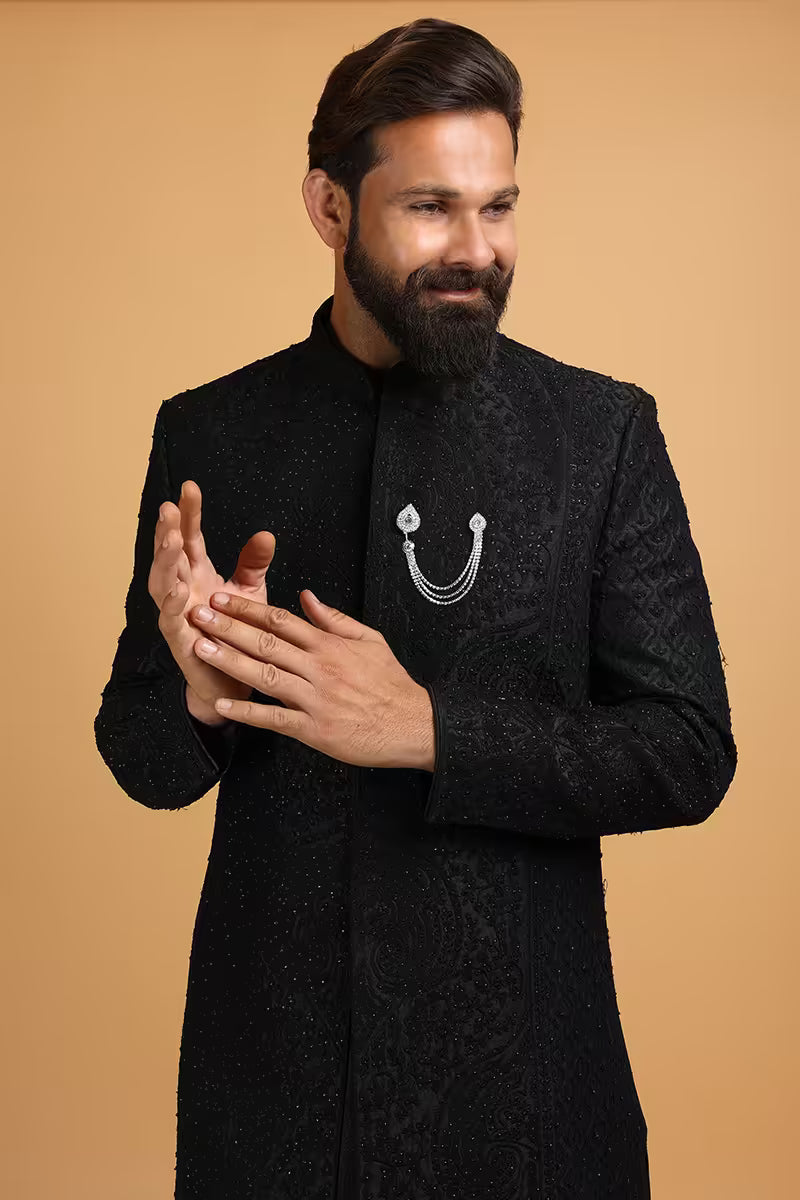 Luxury Black Art Silk Men's Sherwani with Sequin Embroidery