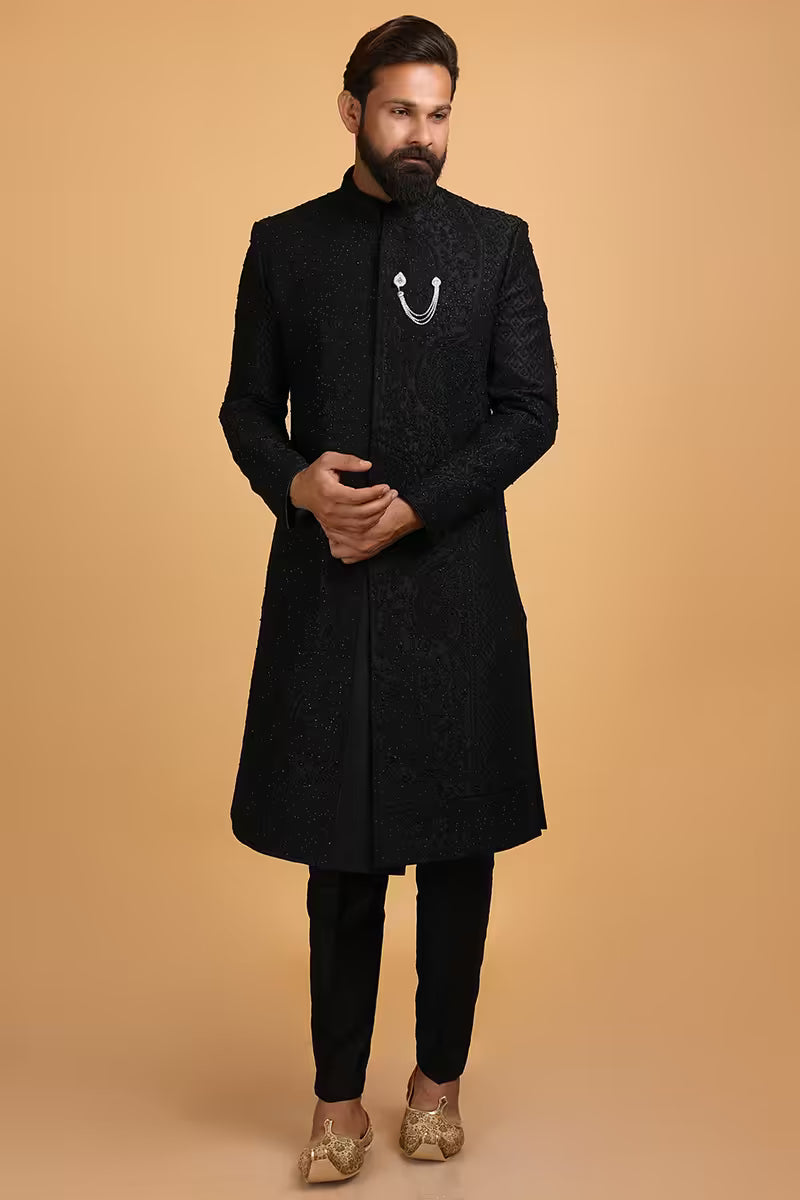 Luxury Black Art Silk Men's Sherwani with Sequin Embroidery