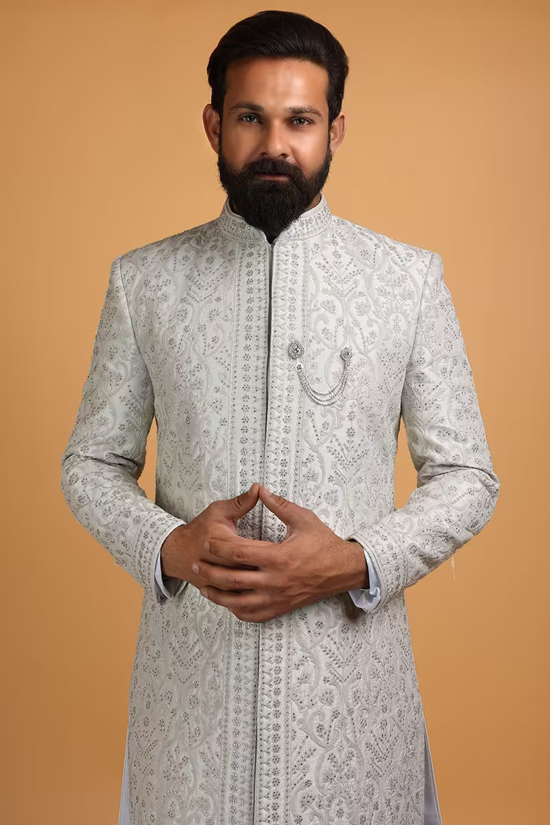 Off-White Modal Satin Men's Sherwani with Embroidery & Matching Dupatta – Luxury Wedding Wear