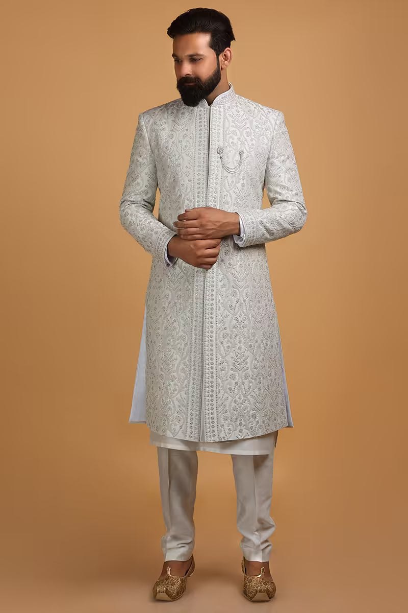 Off-White Modal Satin Men's Sherwani with Embroidery & Matching Dupatta – Luxury Wedding Wear