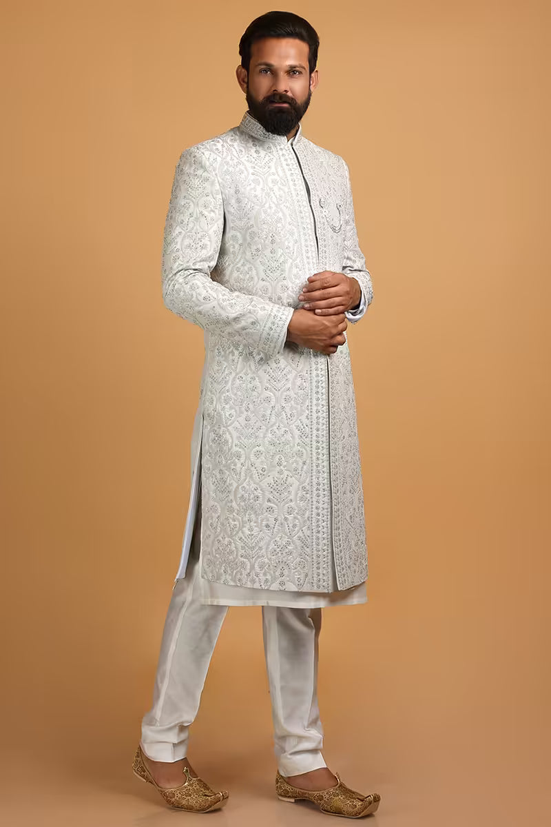 Off-White Modal Satin Men's Sherwani with Embroidery & Matching Dupatta – Luxury Wedding Wear