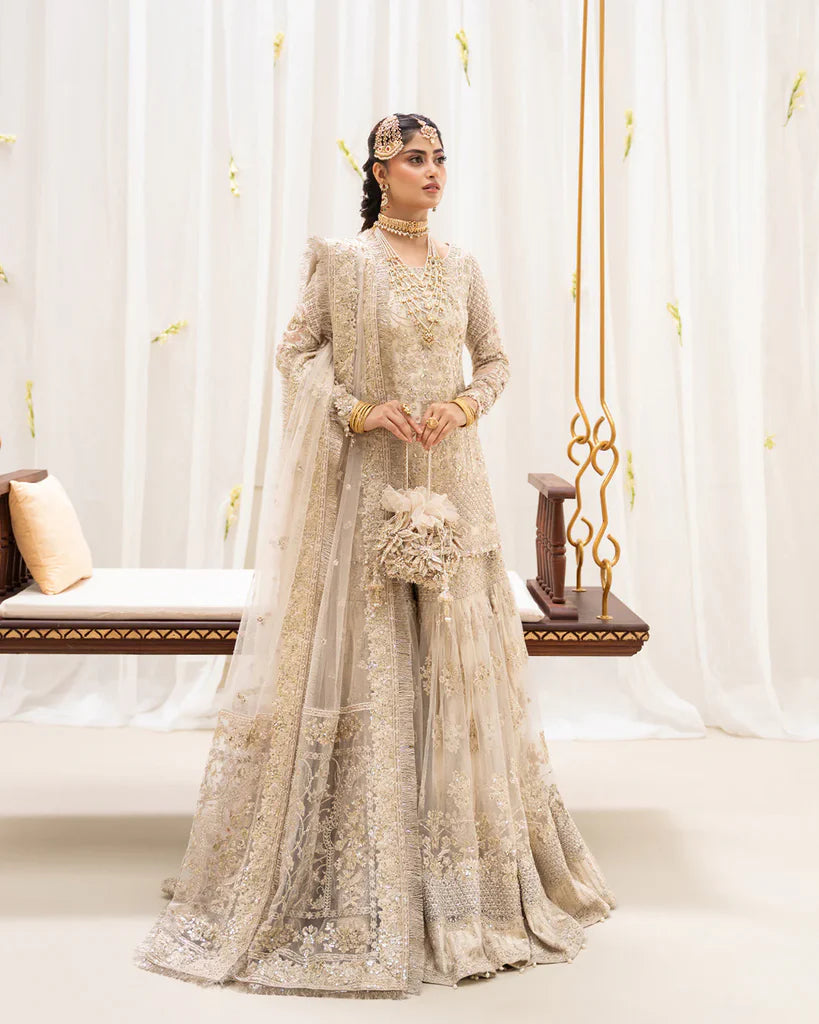 Ivory Champagne Embroidered Bridal Sharara Set with dupatta